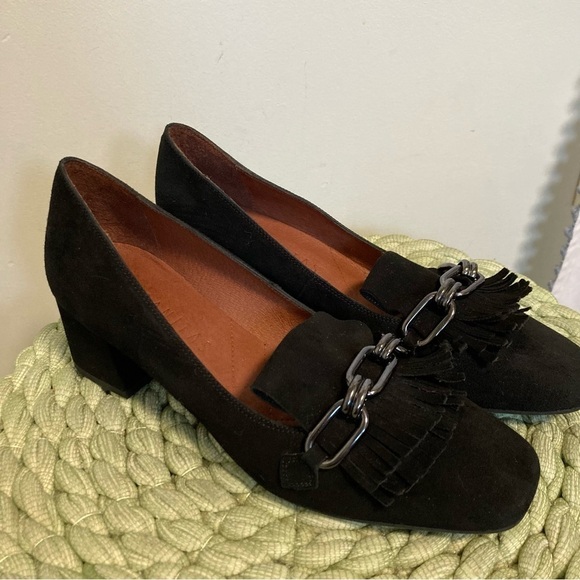 Hispanitas Pandora Black Suede Chain Fringe Slip On Block Heel Loafers Pump NWOB - Picture 3 of 11